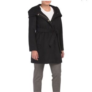 COLE HAAN Boucle hooded Tie Waist Coat - Sz 2 Black